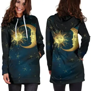 Gold Sun and Moon Hoodie Dress | Longline Hoodie Sweatshirt M