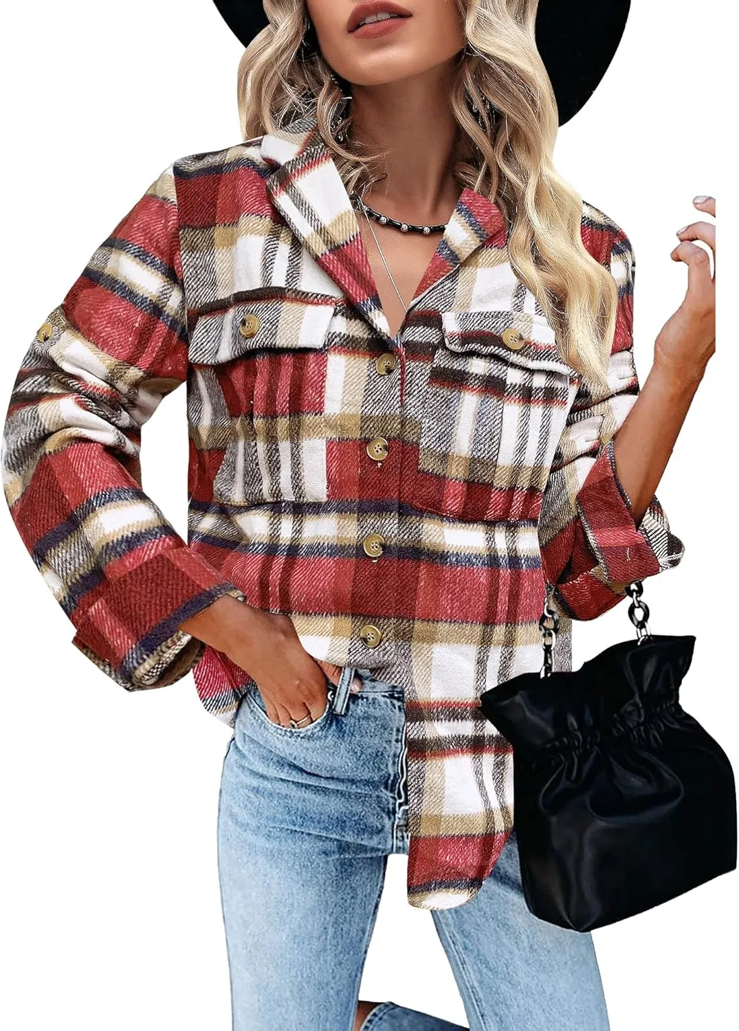 GRAPENT Womens Plaid Flannel Shacket Jacket Button Down Shirt Jackets Long Sleeve Coats