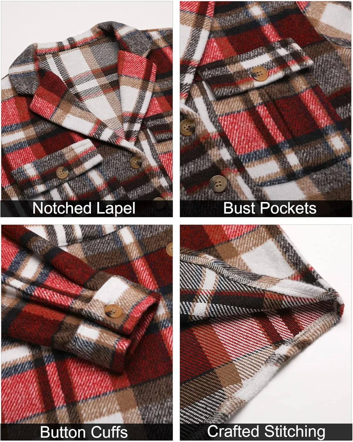 GRAPENT Womens Plaid Flannel Shacket Jacket Button Down Shirt Jackets Long Sleeve Coats