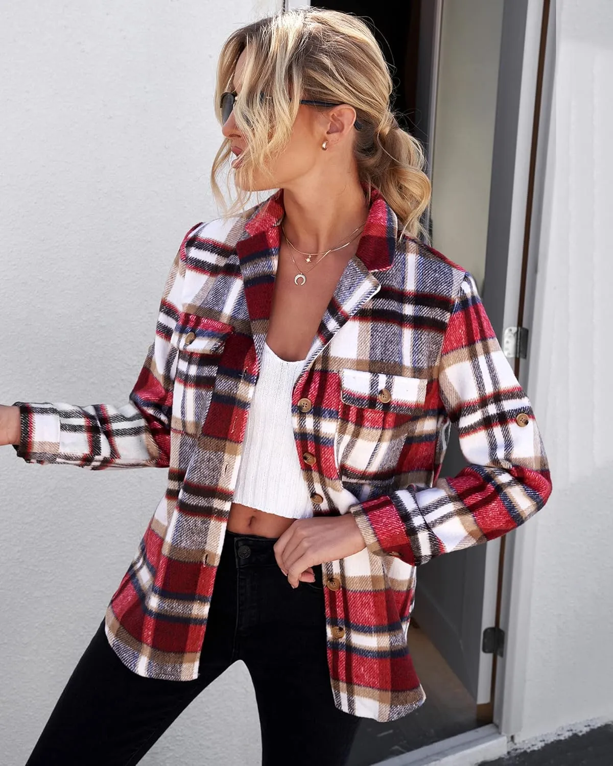 GRAPENT Womens Plaid Flannel Shacket Jacket Button Down Shirt Jackets Long Sleeve Coats