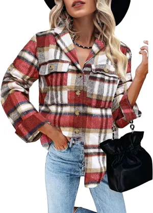 GRAPENT Womens Plaid Flannel Shacket Jacket Button Down Shirt Jackets Long Sleeve Coats