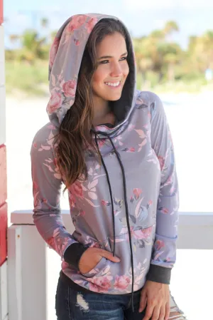 Gray Floral Hoodie with Pocket