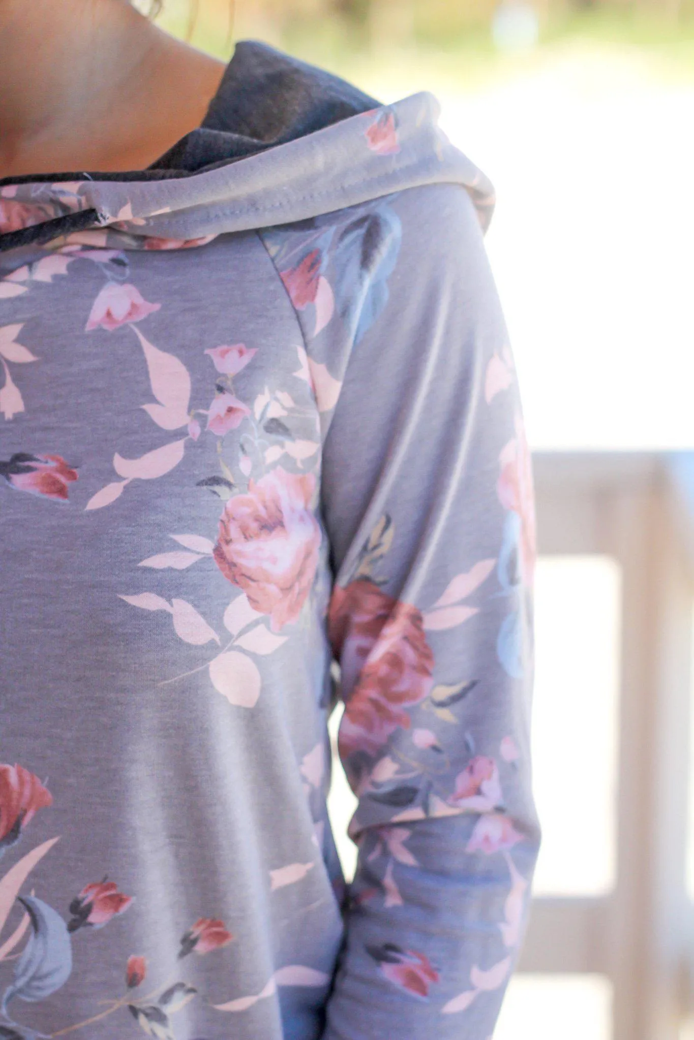 Gray Floral Hoodie with Pocket
