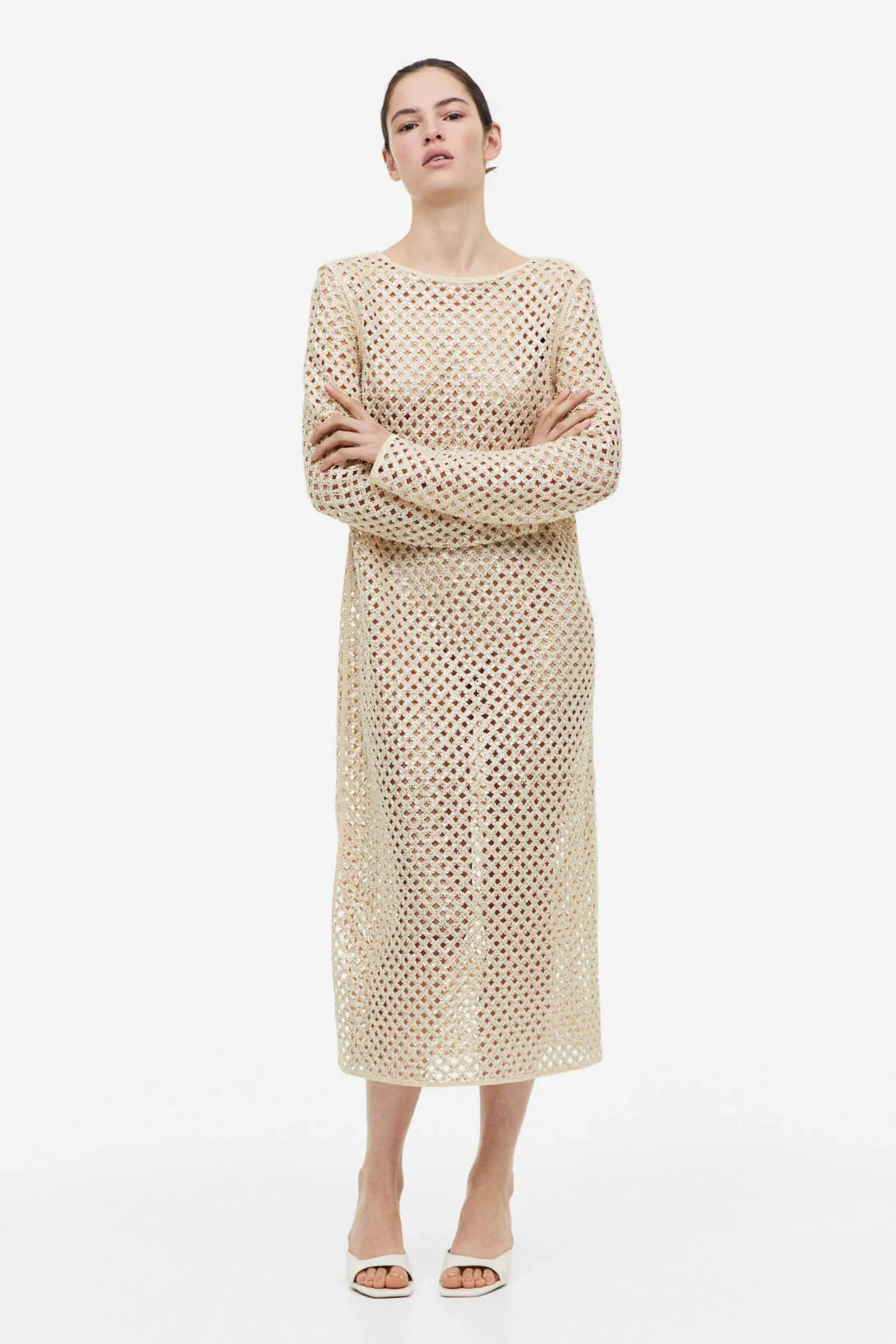 H&M Sequined Hole-knit dress, light beige