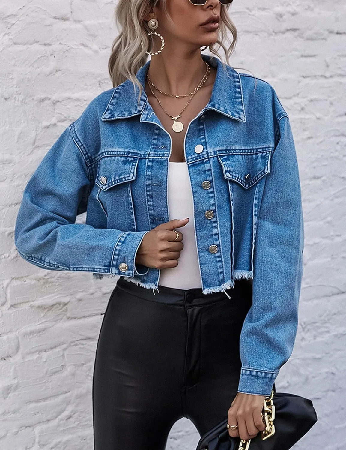 HangNiFang Women's Long Sleeve Button Down Cropped Denim Jacket Frayed Hem Jean Jacket