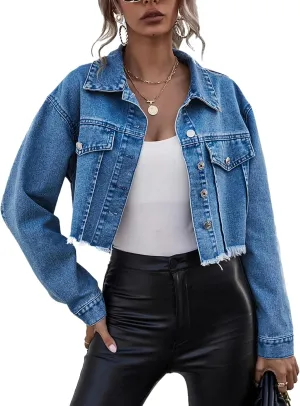 HangNiFang Women's Long Sleeve Button Down Cropped Denim Jacket Frayed Hem Jean Jacket