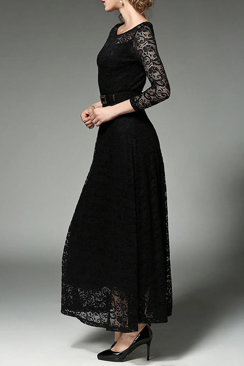 Ketty More Women Long Belt Fasten Lace Covered Party Dress-KMWD885
