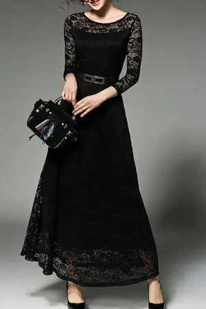 Ketty More Women Long Belt Fasten Lace Covered Party Dress-KMWD885