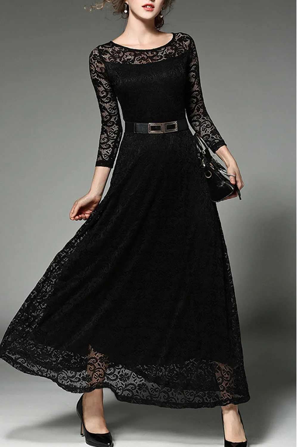Ketty More Women Long Belt Fasten Lace Covered Party Dress-KMWD885