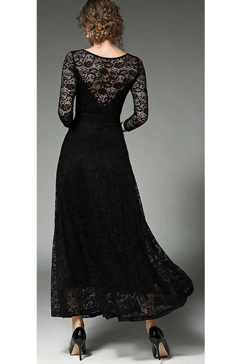 Ketty More Women Long Belt Fasten Lace Covered Party Dress-KMWD885