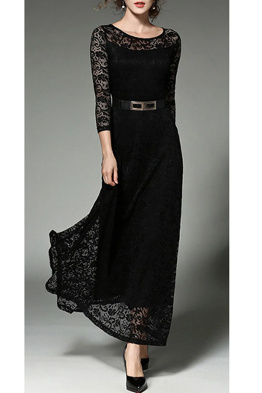 Ketty More Women Long Belt Fasten Lace Covered Party Dress-KMWD885