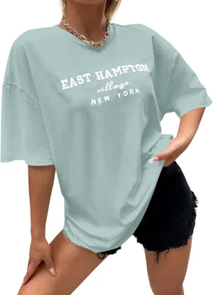 Lauweion Women Drop Shoulder East Hampton Letter T-Shirt Oversized Graphic Baggy Trendy Tee Shirt Top