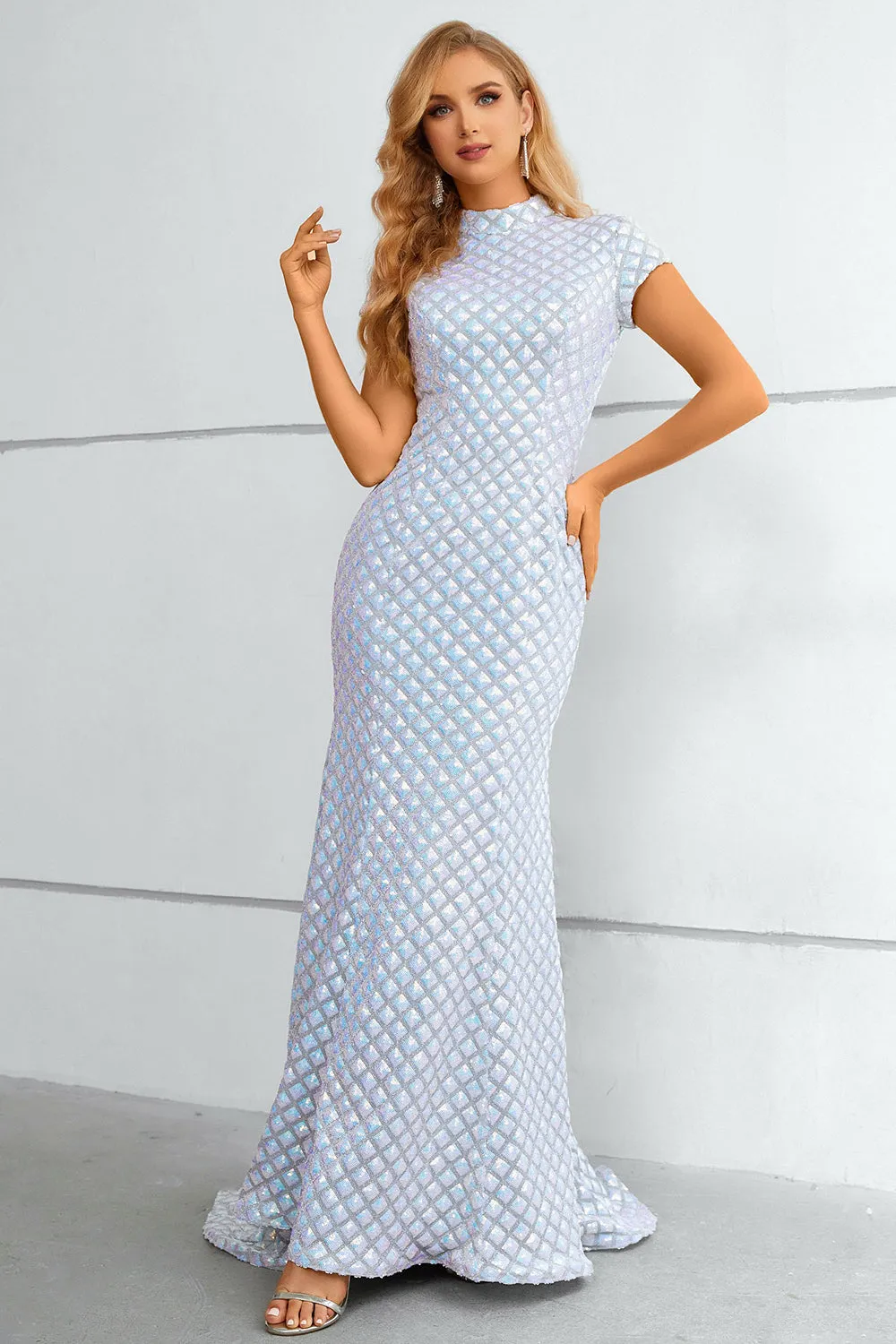 Light Blue Sequined High Neck Short Sleeves Mermaid Prom Dress