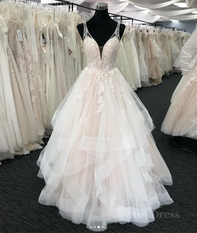 Light champagne v neck tulle lace long prom dress wedding dress