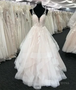Light champagne v neck tulle lace long prom dress wedding dress