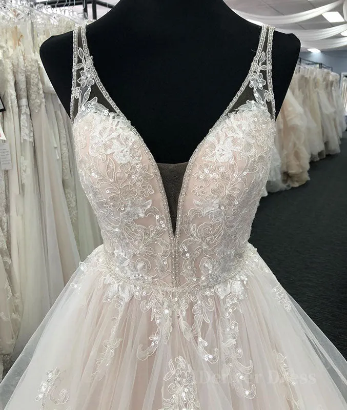 Light champagne v neck tulle lace long prom dress wedding dress