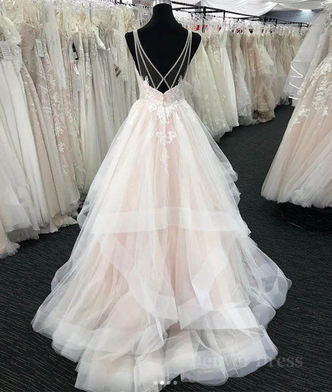 Light champagne v neck tulle lace long prom dress wedding dress