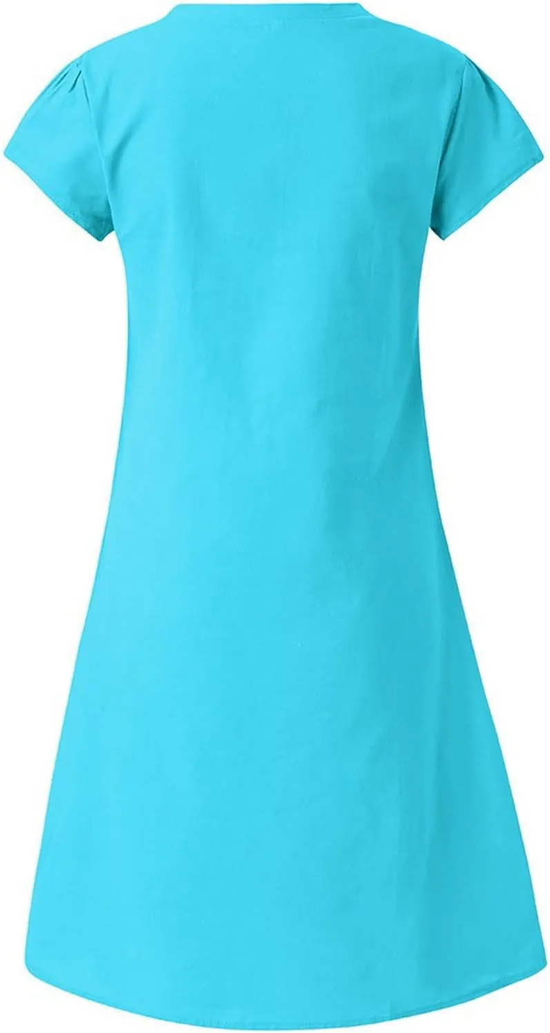 Linen Summer Dresses for Women Loose Size Short Sleeve Boho Midi Sundresses Cotton V Neck Basic Casual Outfits