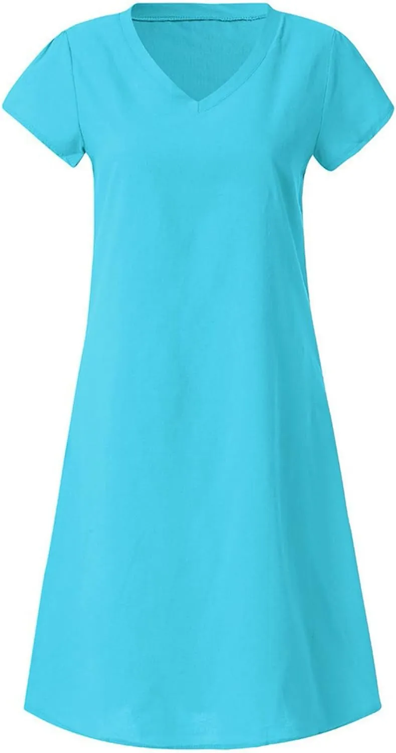 Linen Summer Dresses for Women Loose Size Short Sleeve Boho Midi Sundresses Cotton V Neck Basic Casual Outfits