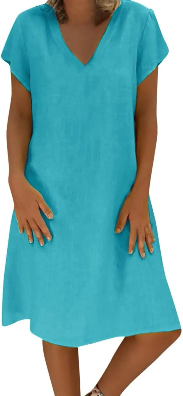 Linen Summer Dresses for Women Loose Size Short Sleeve Boho Midi Sundresses Cotton V Neck Basic Casual Outfits