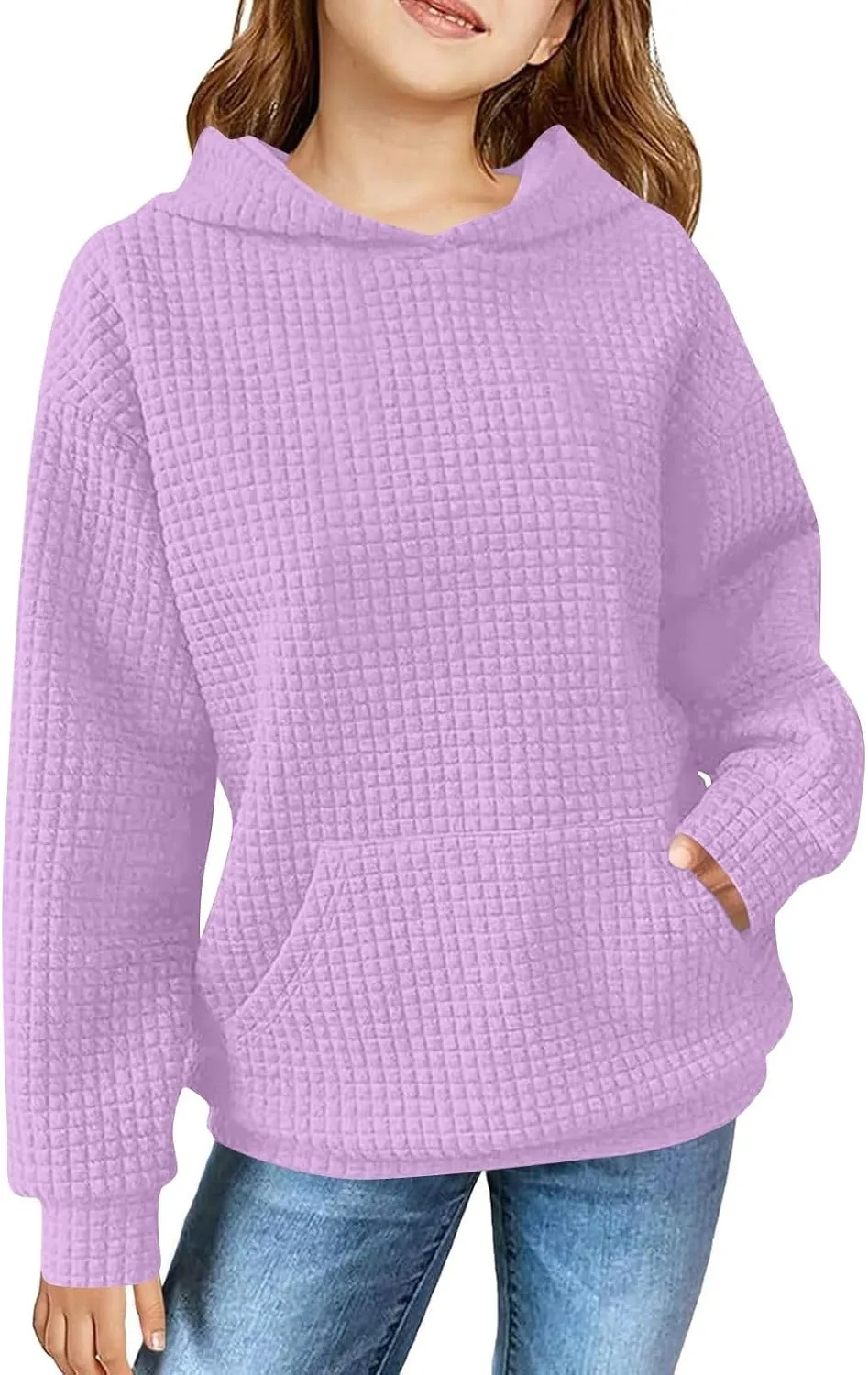 Loose Fit Check Solid Hoodies for 3-14 Years Girls Long Sleeves Trendy Polka Dots Sweatshirts Pullover with Pocket