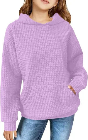 Loose Fit Check Solid Hoodies for 3-14 Years Girls Long Sleeves Trendy Polka Dots Sweatshirts Pullover with Pocket