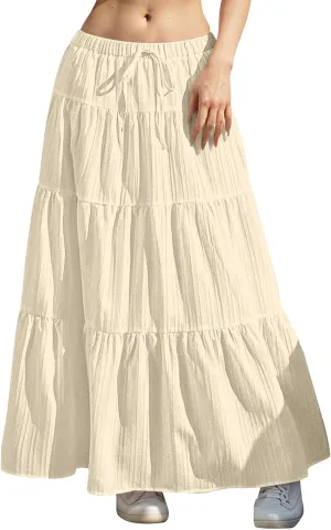 Maxi Skirts for Women Flowy Drawstring Elastic Waist Tiered Ruffle Hem Skort Summer Casual Solid Color A Line Skirt