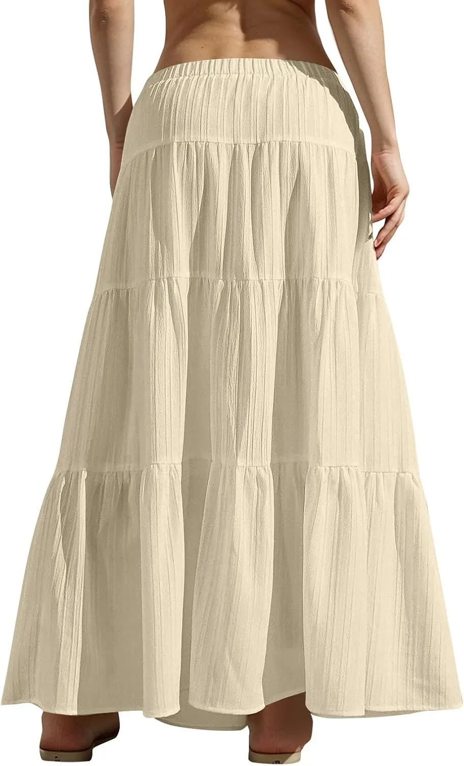 Maxi Skirts for Women Flowy Drawstring Elastic Waist Tiered Ruffle Hem Skort Summer Casual Solid Color A Line Skirt