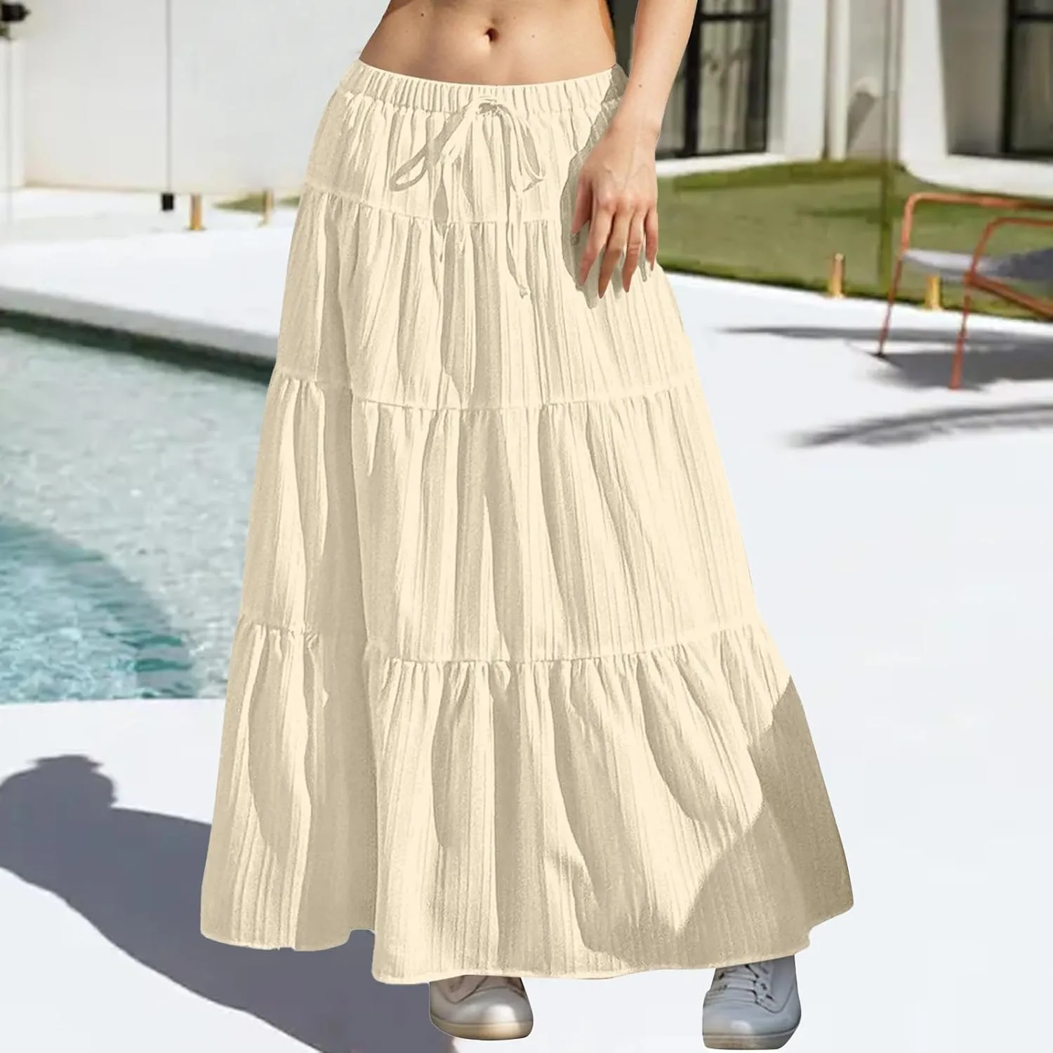Maxi Skirts for Women Flowy Drawstring Elastic Waist Tiered Ruffle Hem Skort Summer Casual Solid Color A Line Skirt
