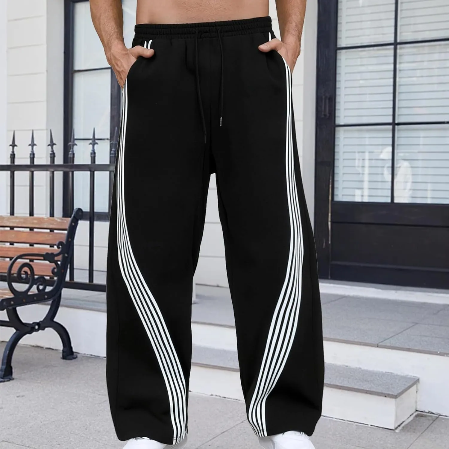 Men's Baggy Sweatpants Striped Side Drawstring Waist Track Pants Open Bottom Wide Leg Lounge Trousers Streetwear