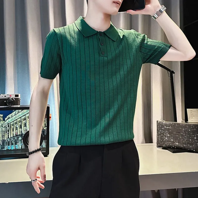 Men's Polo Shirt Short Sleeve Summer Striped Slim Fit Knitwear
