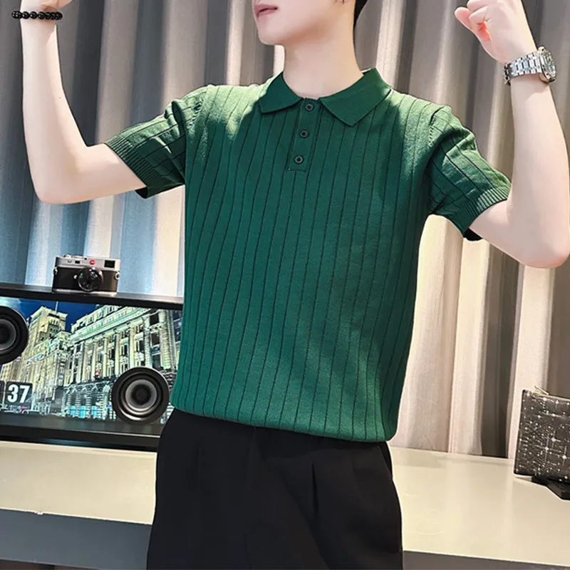 Men's Polo Shirt Short Sleeve Summer Striped Slim Fit Knitwear