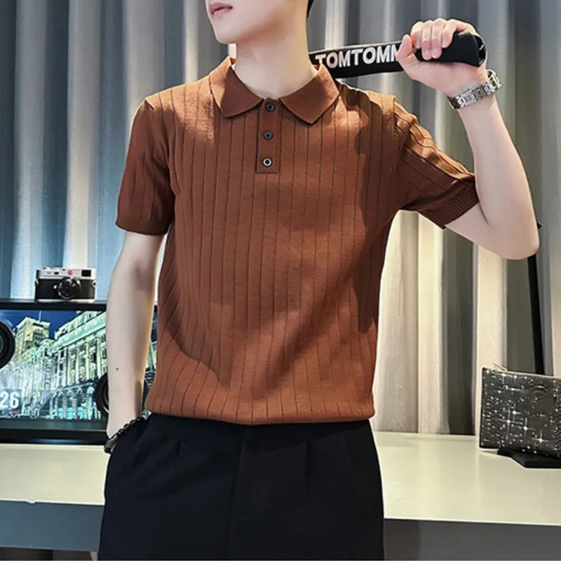 Men's Polo Shirt Short Sleeve Summer Striped Slim Fit Knitwear