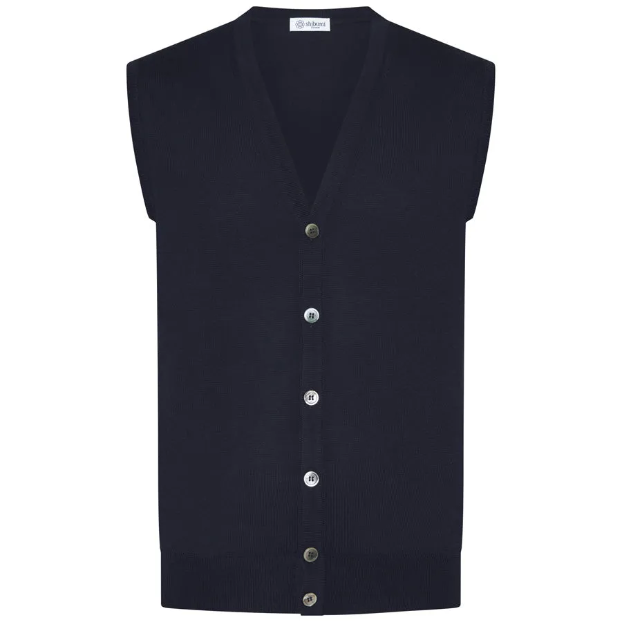Merino Wool Sleeveless Cardigan - Navy