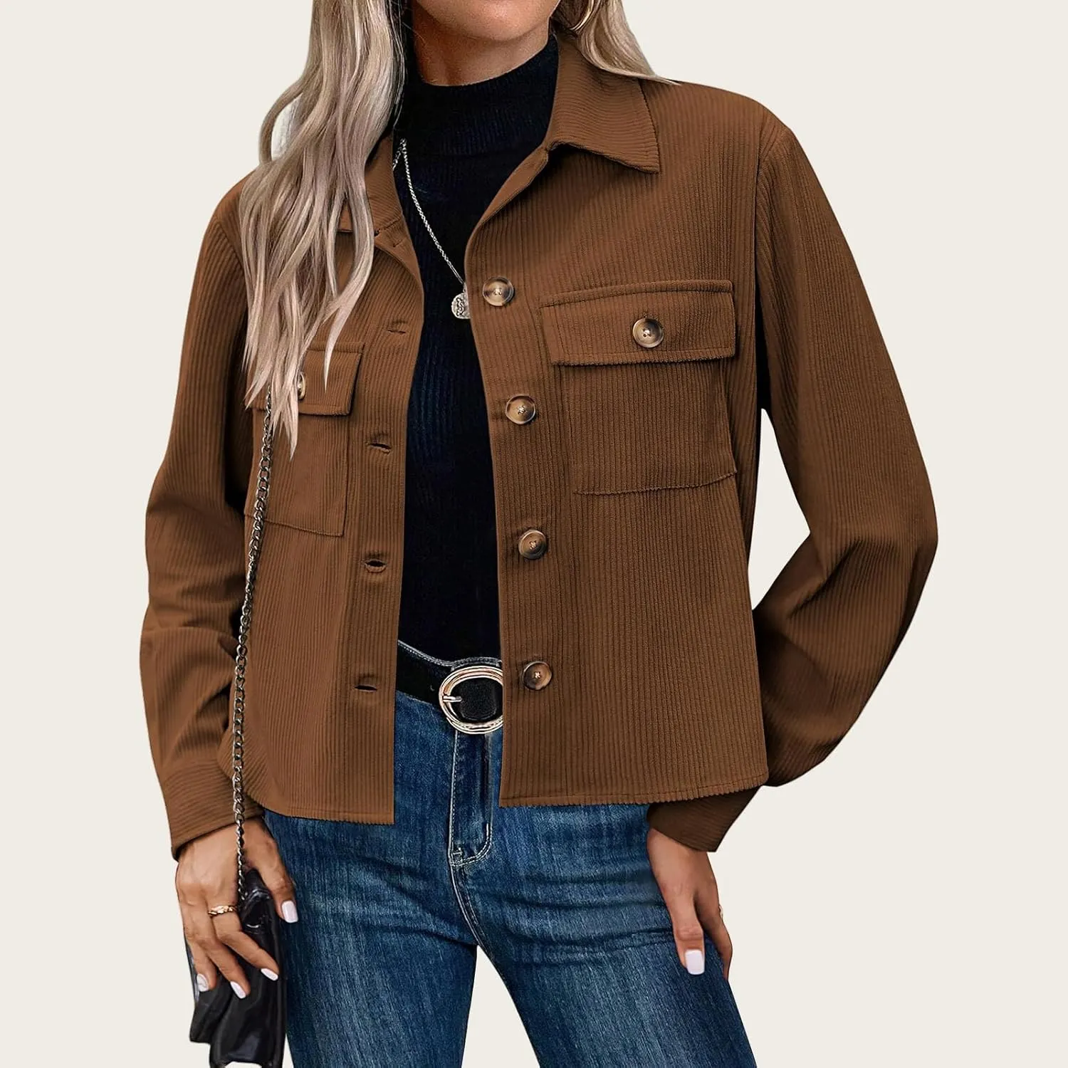 Mmoneyake Corduroy Jacket Women Fashion Cropped Shackets Button Down Crop Jackets Casual Long Sleeve Shirts Fall Coat Tops