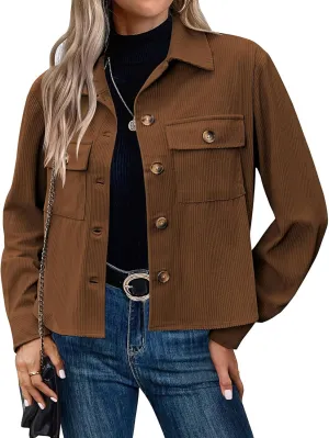 Mmoneyake Corduroy Jacket Women Fashion Cropped Shackets Button Down Crop Jackets Casual Long Sleeve Shirts Fall Coat Tops