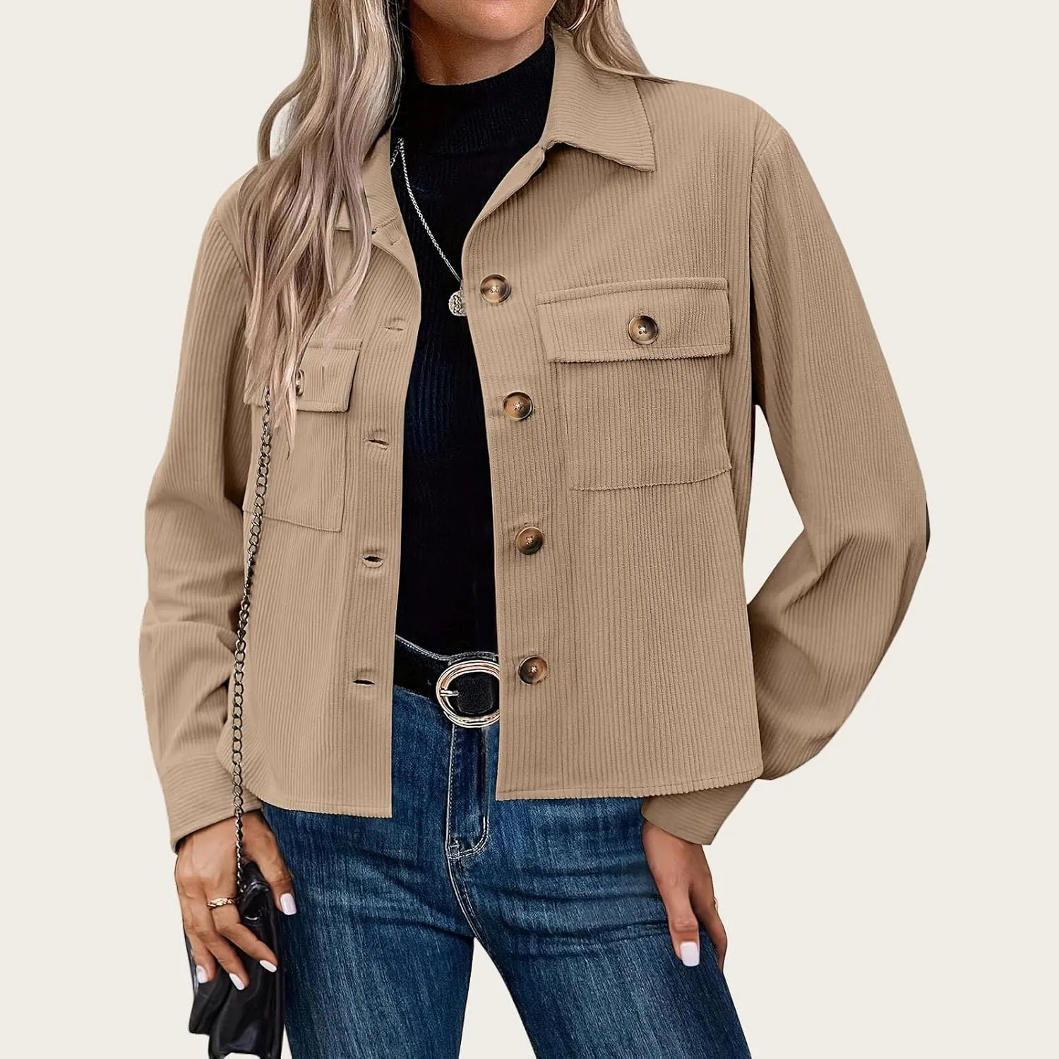 Mmoneyake Corduroy Jacket Women Fashion Cropped Shackets Button Down Crop Jackets Casual Long Sleeve Shirts Fall Coat Tops