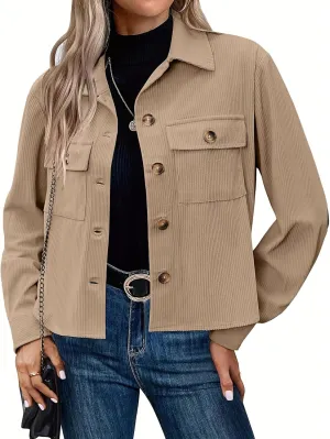 Mmoneyake Corduroy Jacket Women Fashion Cropped Shackets Button Down Crop Jackets Casual Long Sleeve Shirts Fall Coat Tops