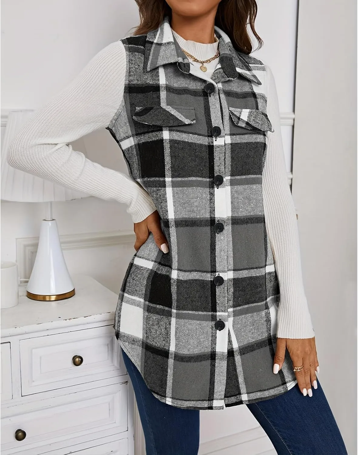 Mmoneyake Plaid Vest for Women Fall Button Down Shirt Jacket Sleeveless Shacket Lightweight Lapel Neck Coat Casual Outwear