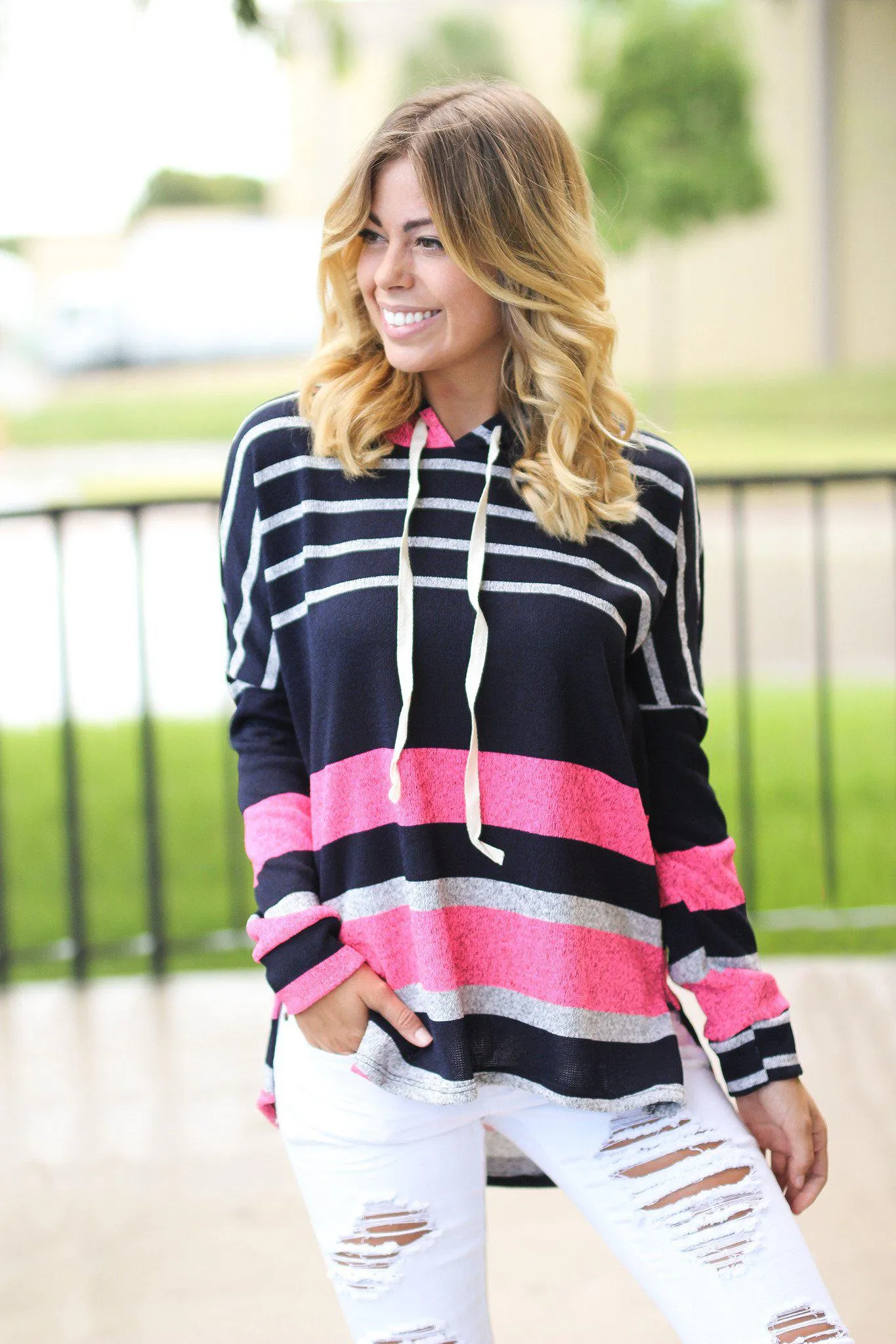 Navy and Pink Striped Hoodie