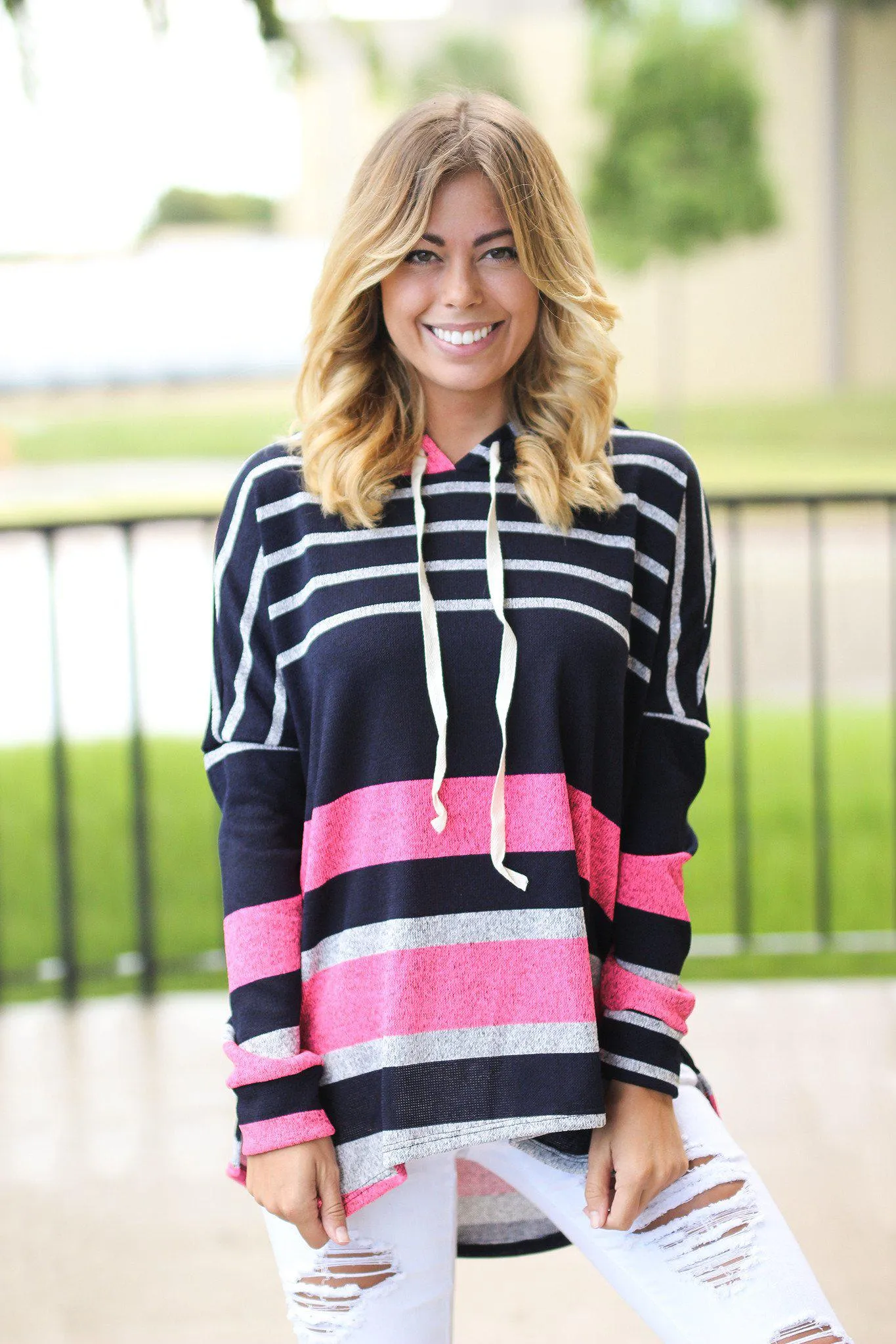 Navy and Pink Striped Hoodie