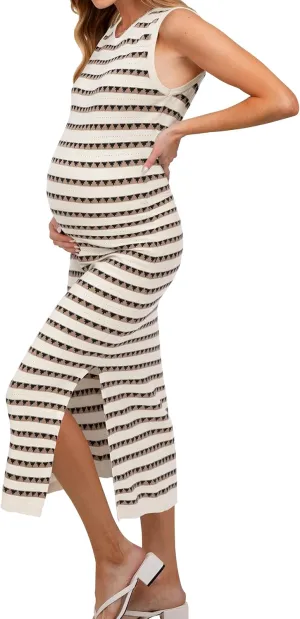 OUGES Women's 2025 Summer Maternity Dress Knit Sleeveless Crewneck Midi Dress Side Slit Striped Bodycon Sweater Dress