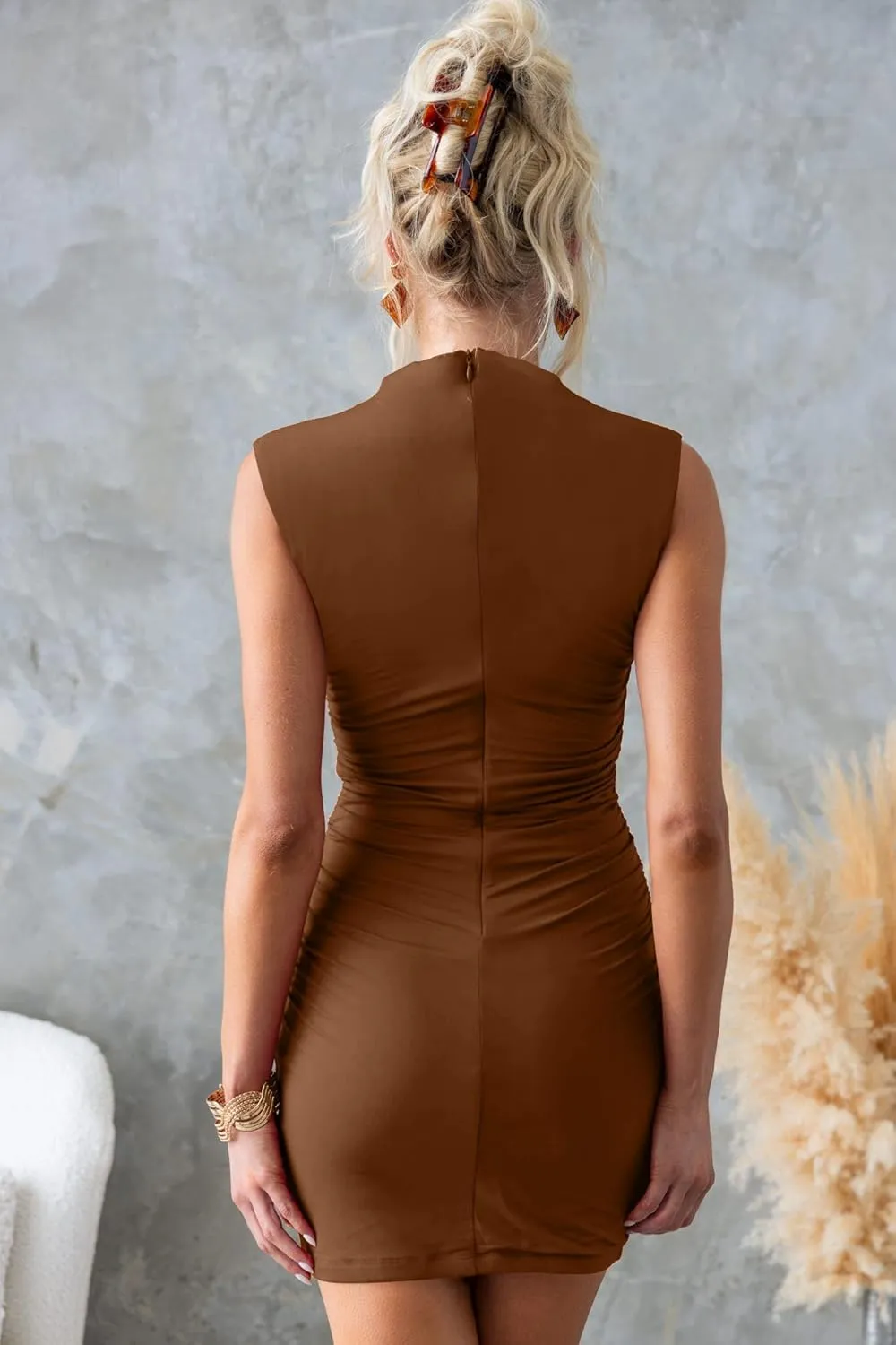 OWIN Women's Sexy Summer Casual Mock Neck Dresses Sleeveless Ruched Bodycon Cocktail Party Mini Dress