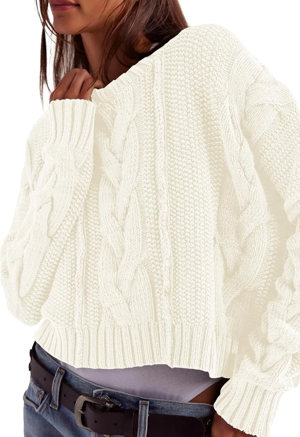 Panadila Womens Cropped Sweater Crew Neck Cable Knit Sweater Ribbed Long Sleeve Top Soft Boxy Pullover