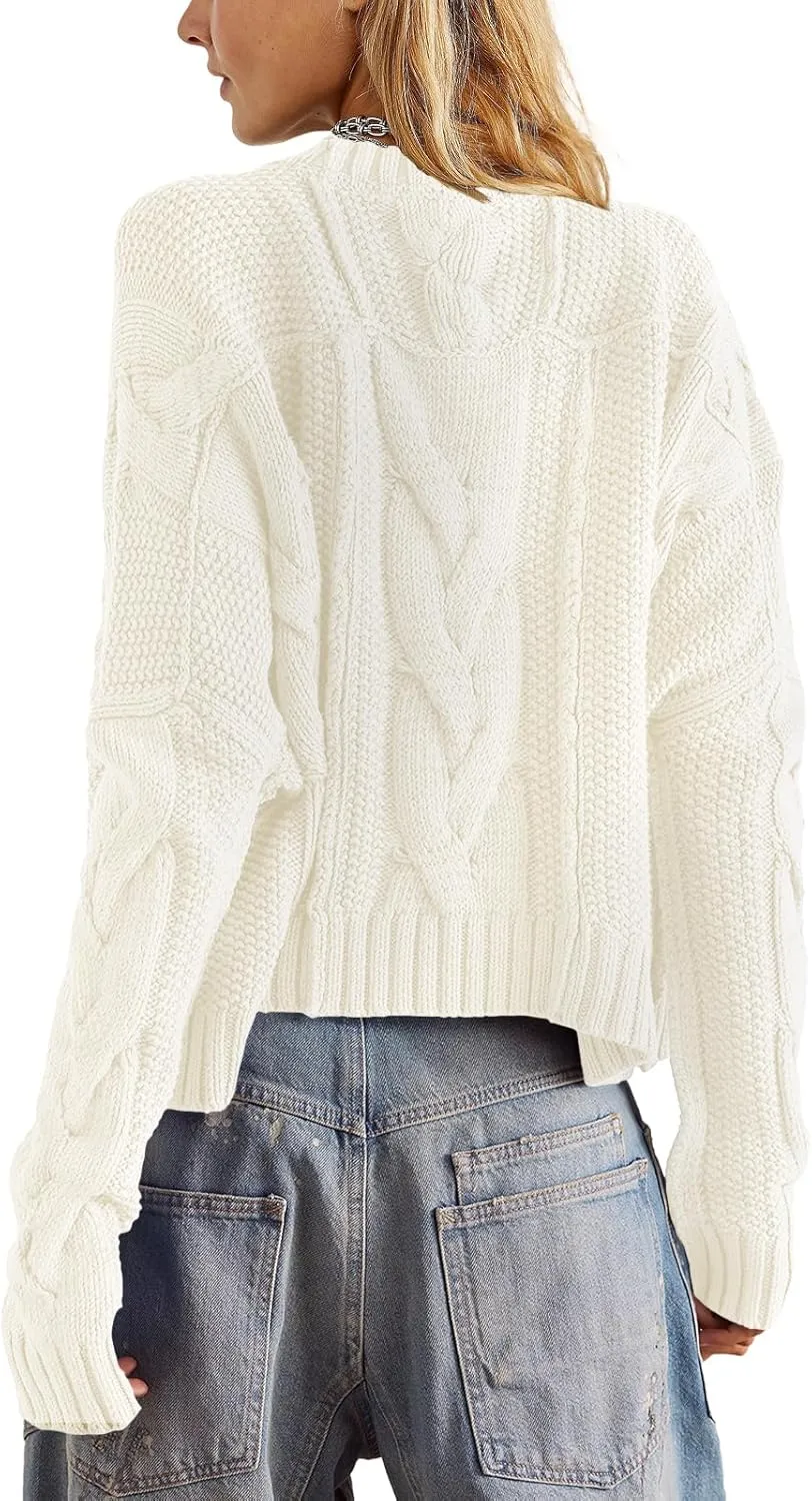 Panadila Womens Cropped Sweater Crew Neck Cable Knit Sweater Ribbed Long Sleeve Top Soft Boxy Pullover