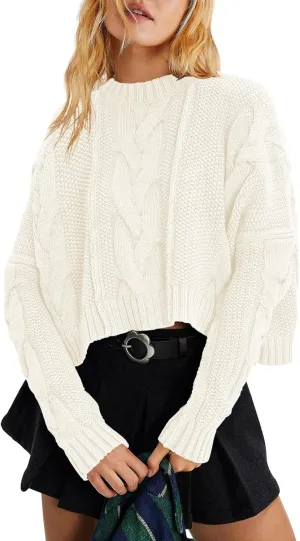 Panadila Womens Cropped Sweater Crew Neck Cable Knit Sweater Ribbed Long Sleeve Top Soft Boxy Pullover