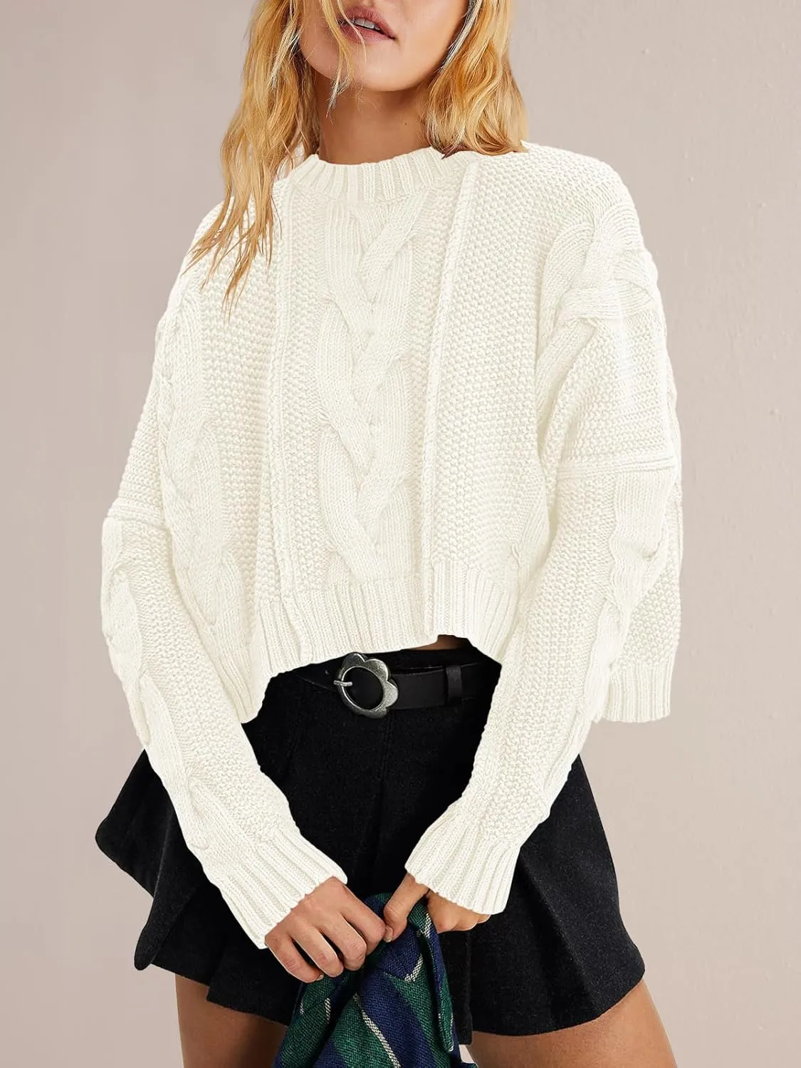 Panadila Womens Cropped Sweater Crew Neck Cable Knit Sweater Ribbed Long Sleeve Top Soft Boxy Pullover