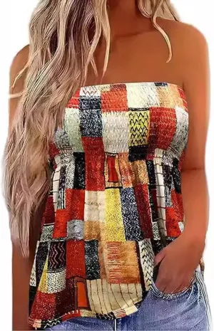 Patchwork Print Tube Tops Women Elastic Trim Strapless Vintage Blouse Multicolour Off The Shoulder Tee