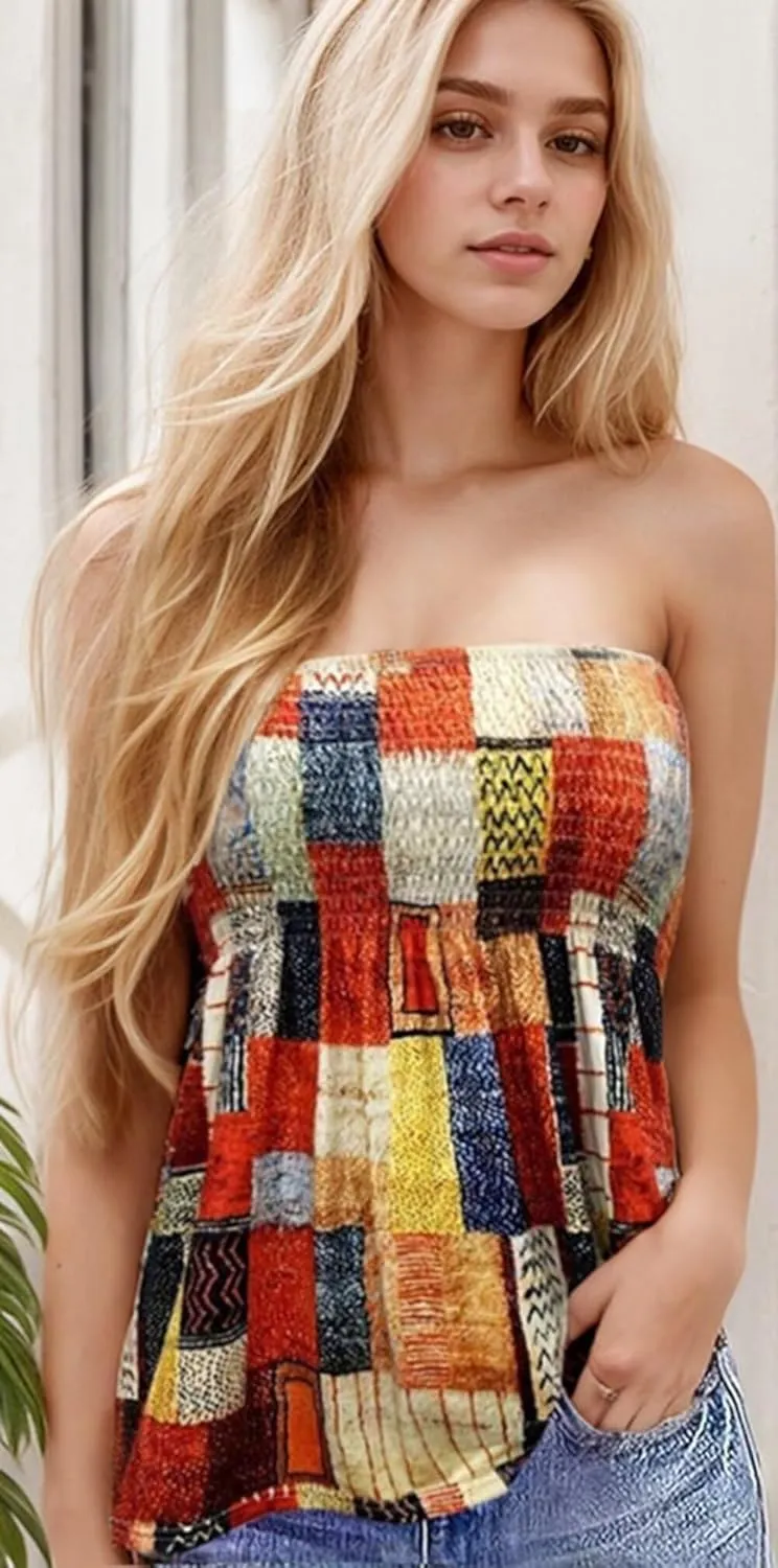 Patchwork Print Tube Tops Women Elastic Trim Strapless Vintage Blouse Multicolour Off The Shoulder Tee