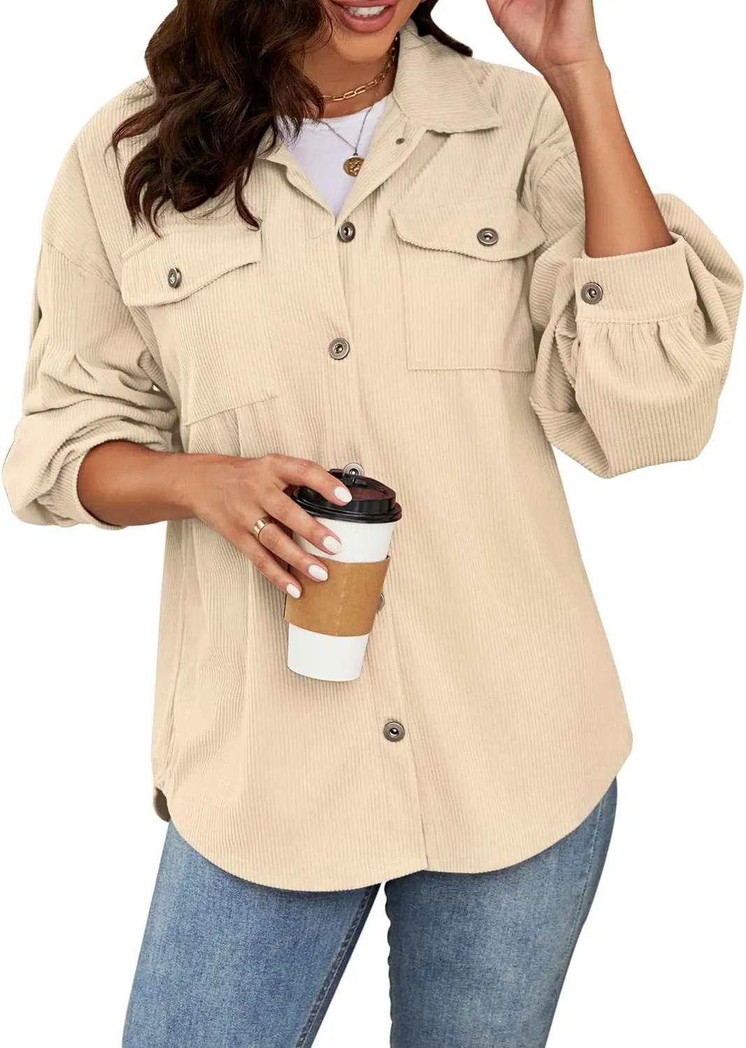 Plus Size Corduroy Jacket for Women Casual Long Sleeve Button Down Shacket Jacket